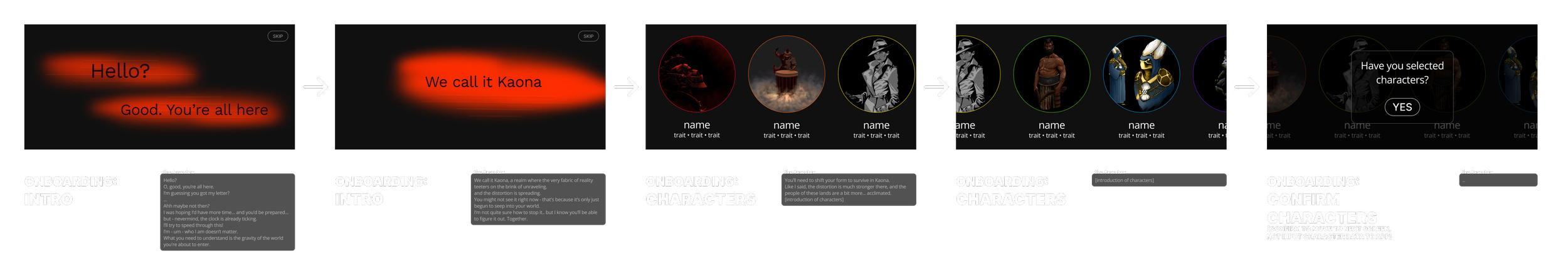Game intro and character selection wireframe